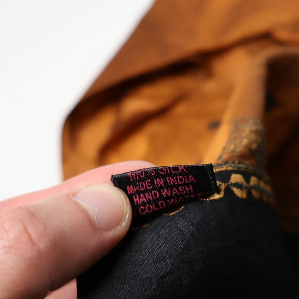 CRC India 100% Silk Scarf Rust‎ Black Gold Mirror Work Embroidered Artisan Wrap